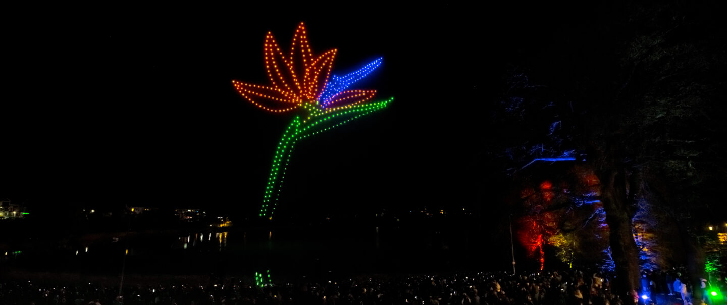 Laser, Drohnen und Wasserfontäne während einer Abendshow