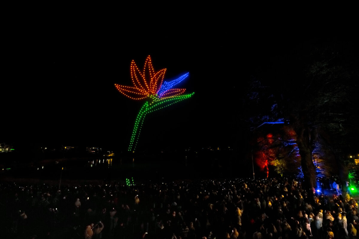 Laser, Drohnen und Wasserfontäne während einer Abendshow
