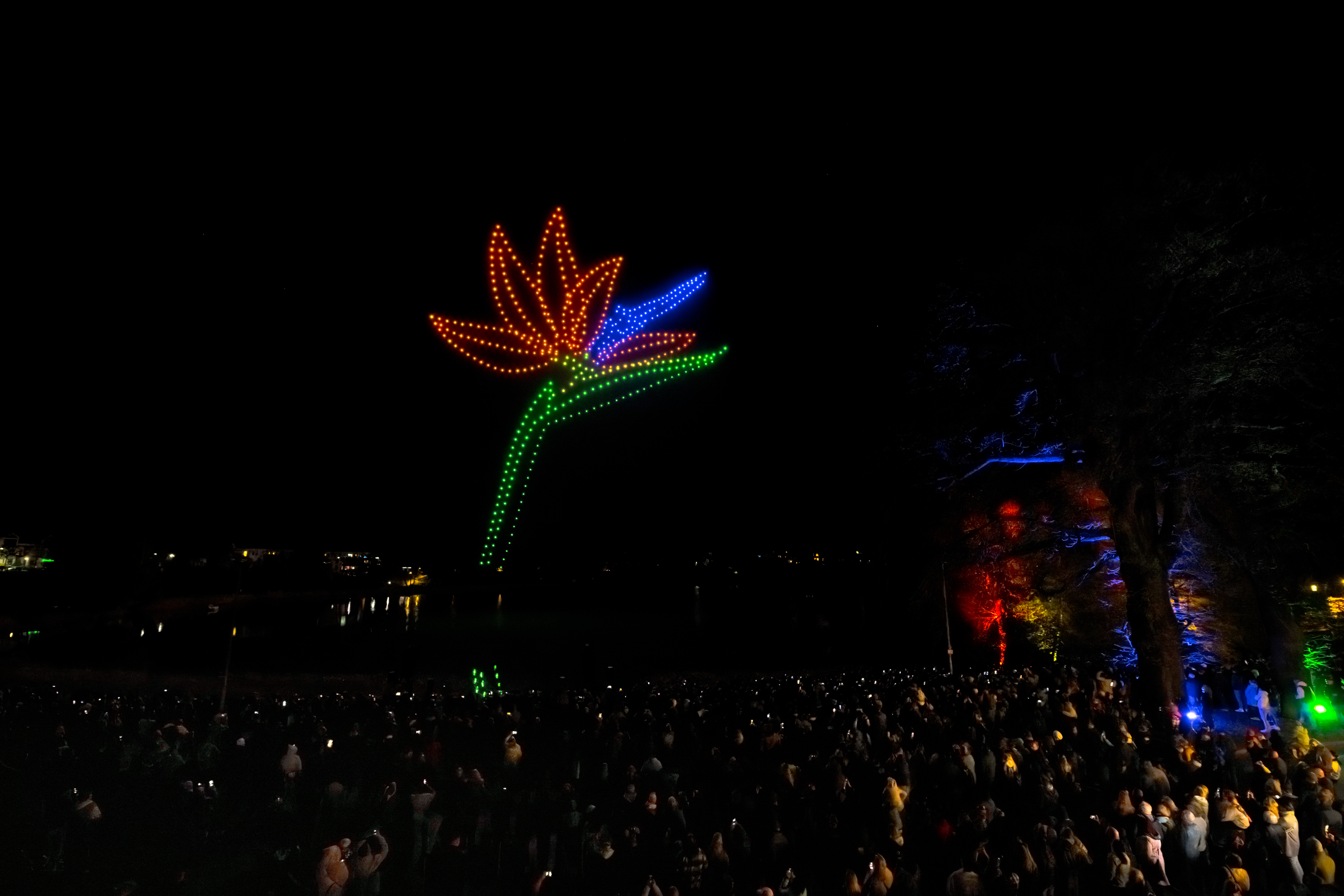 Laser, Drohnen und Wasserfontäne während einer Abendshow