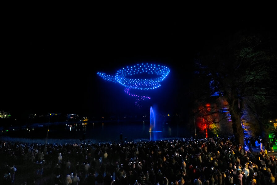 Tausende Zuschauer erleben die Drohnenshow am Seeufer