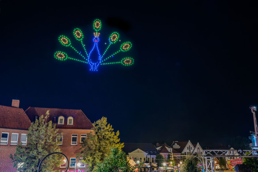 Pfau mit geöffnetem Rad als farbenprächtiges Drohnenmotiv über Jever