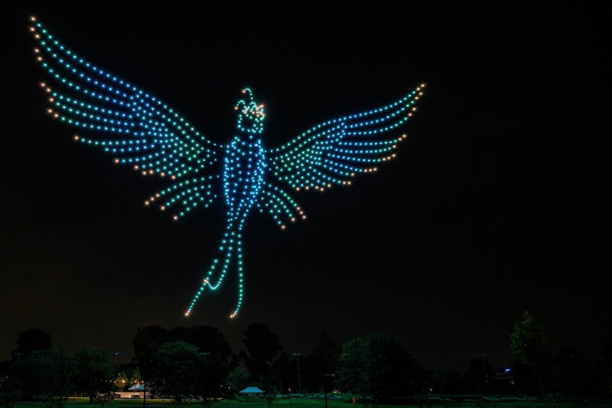 Leuchtender Nachtvogel aus Drohnen bei der Landesgartenschau Neuss 2026