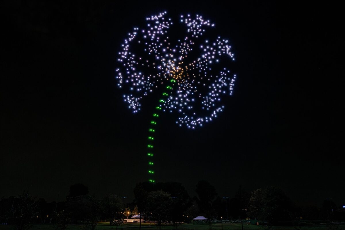 Pusteblume aus Lichtdrohnen bei der Landesgartenschau Neuss 2026